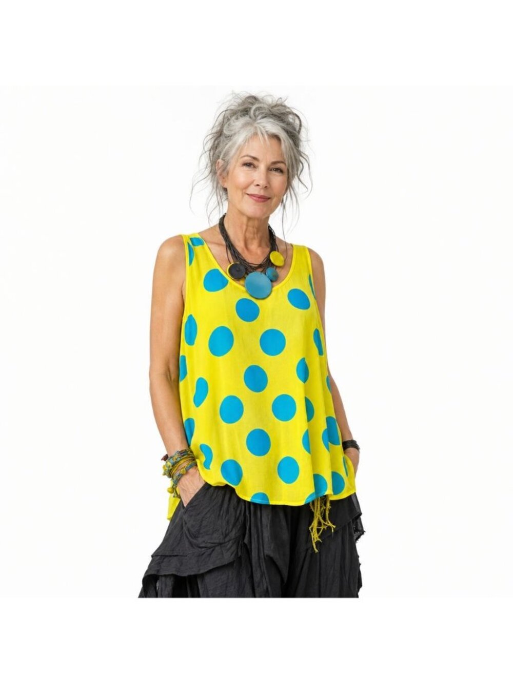 AZI Yellow Blue Polka Dot Semi Sheer Cami Sleeveless Tunic Top Women XL Artsy